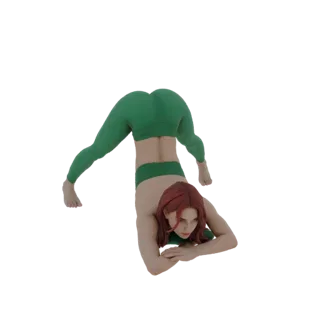3D модель женщины в зеленом спортивном костюме, выполняющей сложную позу йоги, вид сбоку.