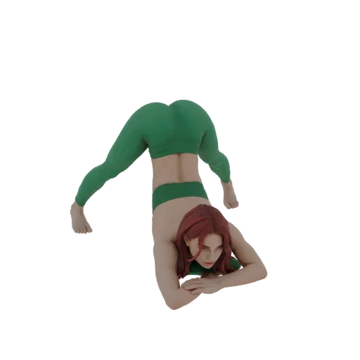 3D модель женщины в зеленом спортивном костюме, выполняющей сложную позу йоги, вид сбоку.