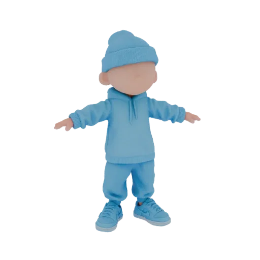 3D модель стилизованного мальчика в синей толстовке, синих штанах и синей шапке, с вытянутыми руками.