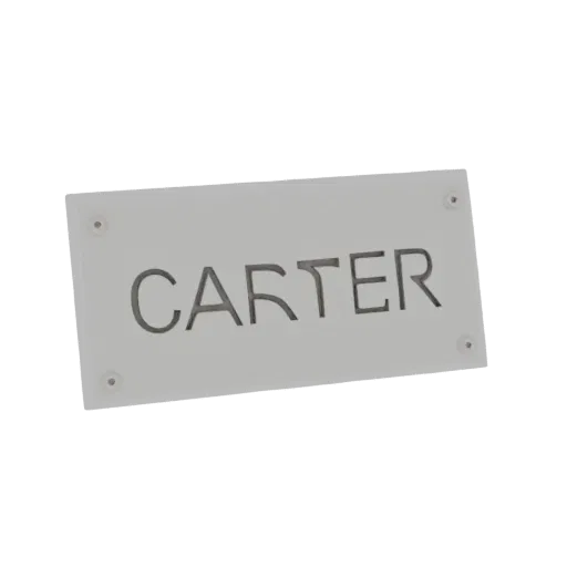 3D рендер прямоугольной таблички с именем CARTER, выгравированным по центру, с четырьмя отверстиями для винтов.
