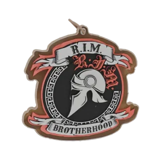 3D модель эмблемы Братства R.I.M. со шлемом спартанца, узором греческий ключ и лентами с текстом.