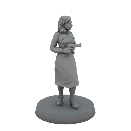 3D модель женщины-детектива 1940-х в платье, с пистолетом, на круглом основании.