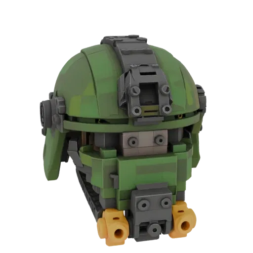 3D модель тактического шлема, собранного из кубиков в стиле LEGO, зеленого цвета с серыми деталями.