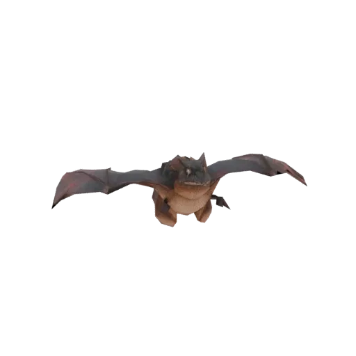 3D-модель летучей мыши с гвоздями, летящей вперед, с темными крыльями и телом, украшенным гвоздями.
