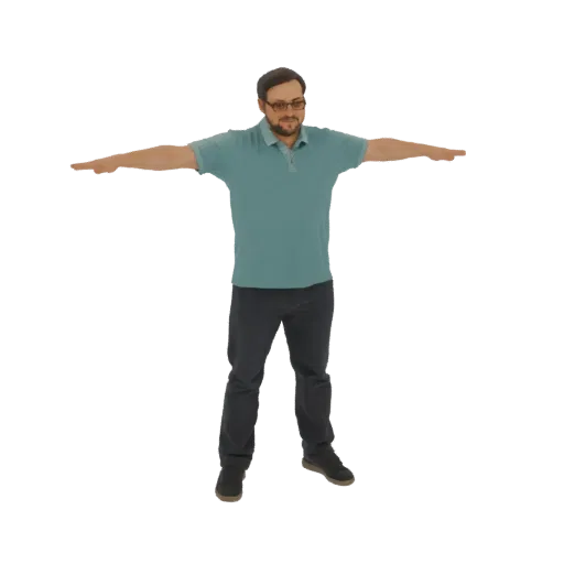 3D модель мужчины в бирюзовой поло и темных брюках, стоящего с вытянутыми руками в позе T.