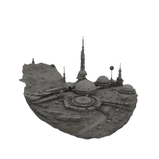3D модель футуристической базы Sci-Fi на скалистом астероиде с башнями и куполами.