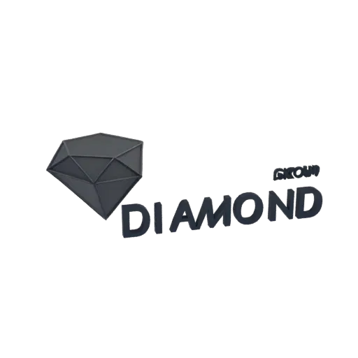 3D-модель логотипа 'Diamond Group' с темно-серой гранёной иконкой драгоценного камня рядом с жирным текстом 'DIAMOND' и 'GROU