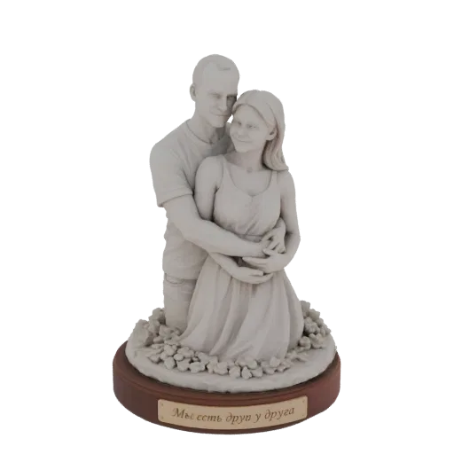 3D модель мужчины и женщины в объятиях, с нежными улыбками и каменной отделкой, на текстурированной основе с кириллической на