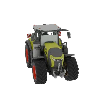 A 3D model of a modern agricultural tractor with a yellow body, dark gray accents, and large tires with red rims, shown from