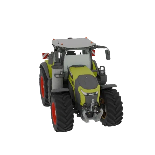 A 3D model of a modern agricultural tractor with a yellow body, dark gray accents, and large tires with red rims, shown from