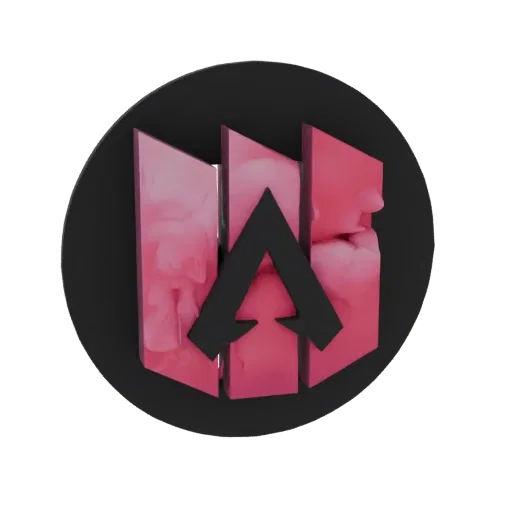 3D-модель логотипа Apex Legends с черным шевроном и панелями с текстурой розового мрамора на темном круглом основании.