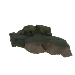3D модель летающего острова с зеленой растительностью сверху и скалистой текстурированной нижней частью, изолированная на бел