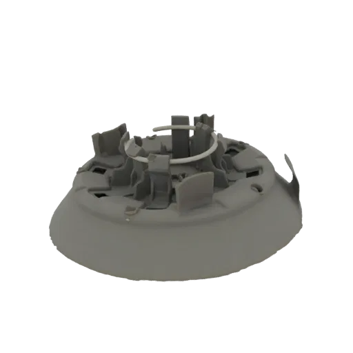 3D модель абстрактного механического компонента с серыми деталями и белой пружиной в центре.