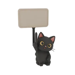 3D-рендер милого черного кота с большими желтыми глазами, держащего пустой знак.
