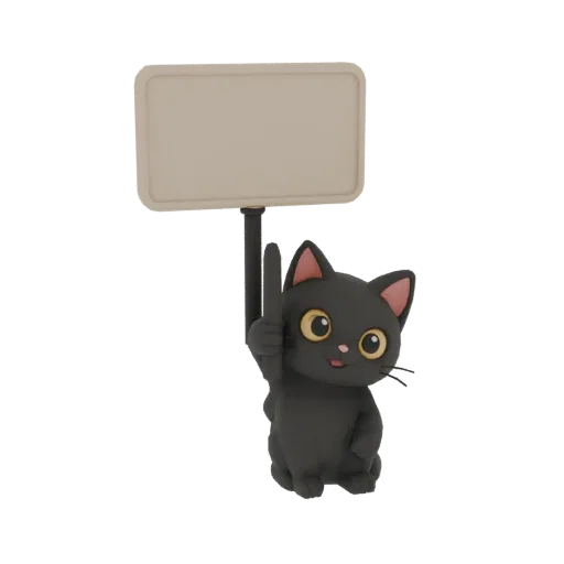 3D-рендер милого черного кота с большими желтыми глазами, держащего пустой знак.