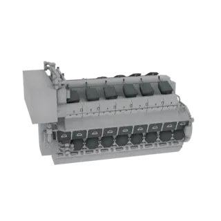 3D модель большого серого дизельного двигателя Fairbanks Morse MAN 4860 с несколькими цилиндрами и видимыми компонентами.