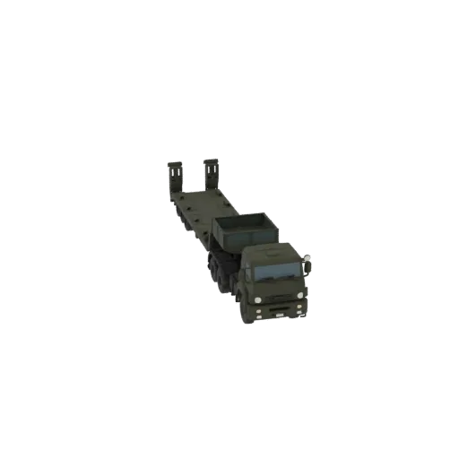 3D модель зеленого военного тягача для тяжелой техники с низкорамным полуприцепом, вид под небольшим углом сверху.