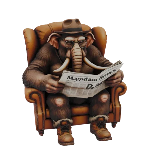3D модель мамонта в шляпе и очках, сидящего в коричневом кресле и читающего газету.