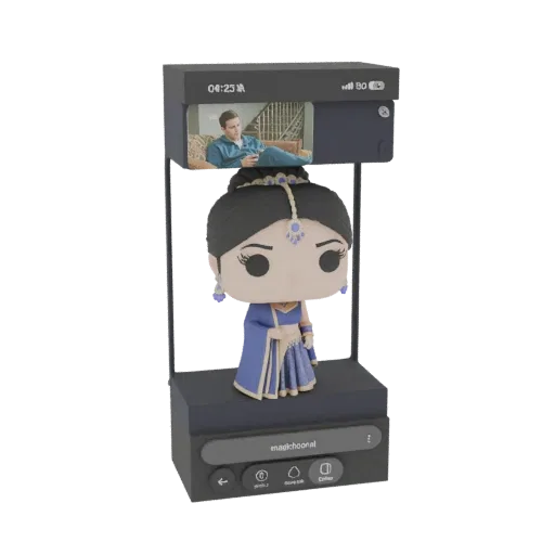 3D модель стилизованной индианки Фанко Поп с миниатюрным экраном, показывающим видеозвонок.