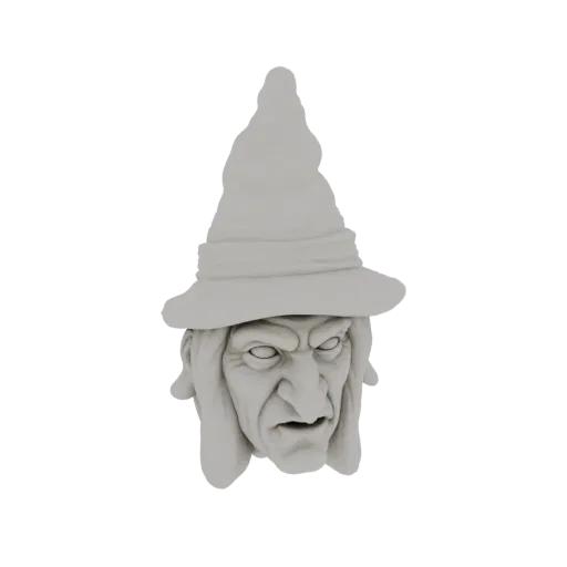 Рендер 3D модели головы зловещей ведьмы с остроконечной шляпой и угрожающим выражением лица, представленный на белом фоне.