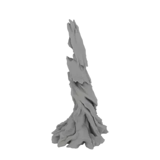 Серая 3D-модель высокой, скрученной скалы-пики с грубой, выветренной текстурой и расширенным, похожим на корни основанием.