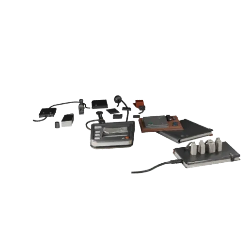 Низкополигональная 3D-модель ноутбука для стартапа, вид в игровом окне в три четверти, показывающий пластиковые силуэты насто