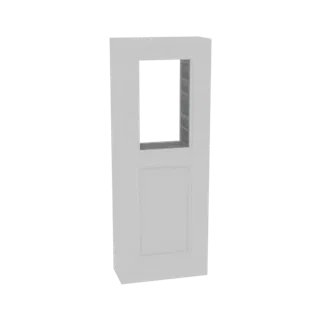 3D render of a modern white door with a rectangular window, presented on a white background.
