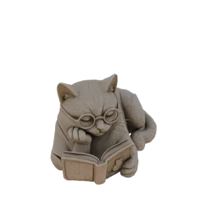 3D модель серого кота в круглых очках, лежащего и читающего открытую книгу.