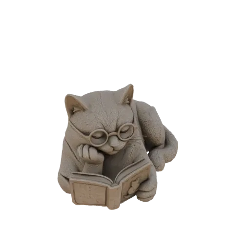 3D модель серого кота в круглых очках, лежащего и читающего открытую книгу.