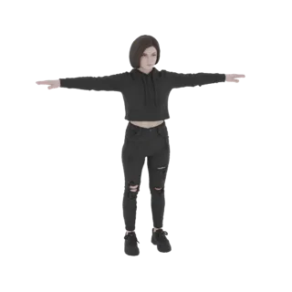 3D модель девушки в T-позе, одетой в черное худи и рваные черные джинсы, с вытянутыми руками.