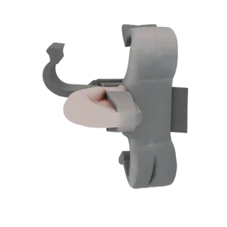 3D модель серого механического зажима с выраженным розовым захватным элементом на белом фоне.