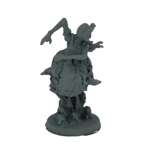 Рендер 3D модели жуткой куклы в рваном платье, жутко стоящей на основании с корнями и грибами.