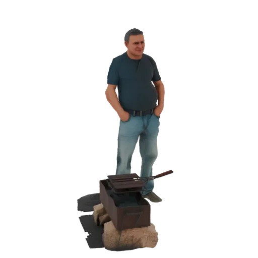 3D модель мужчины в синей футболке и джинсах, стоящего с руками в карманах рядом с грилем для барбекю на каменных опорах.