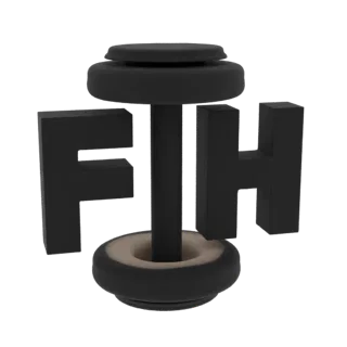 3D рендер стилизованного логотипа FTH с жирными черными буквами, расположенными вокруг центральной черной подставки с многосл