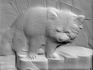 3D модель барельефа красной панды, сидящей на пне, в стиле рельефной скульптуры
