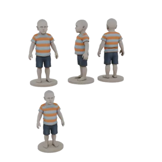 3D модель мальчика в полосатой футболке и синих шортах, показанная с разных ракурсов на белом фоне.