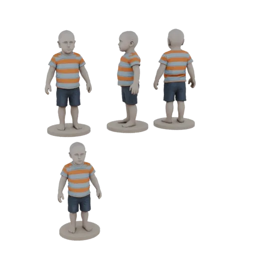 3D модель мальчика в полосатой футболке и синих шортах, показанная с разных ракурсов на белом фоне.