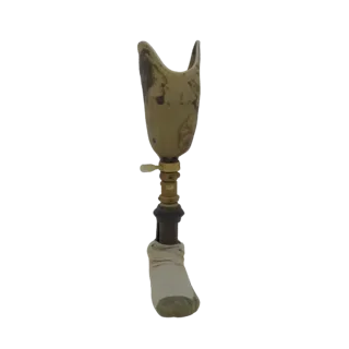 3D модель винтажной протезной ноги с гильзой, регулируемым шарниром латунного цвета и стопой, покрытой тканью, на белом фоне.