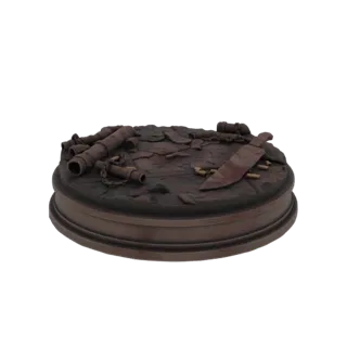 3D модель круглой базы диорамы с ножом, гильзами и обломками, с бронзовой отделкой.