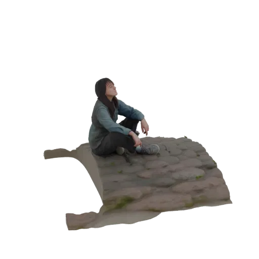3D модель молодой женщины, сидящей на брусчатке, смотрящей вверх.