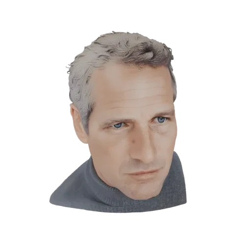 AI-сгенерированная 3D-модель головы мужчины с седыми волосами и голубыми глазами, в сером водолазке.