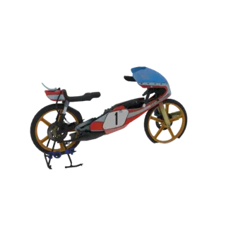 3D модель мотоцикла Bultaco TSS MK2 50cc GP 1976 Чемпион Мира, вид сбоку в красно-бело-синей гоночной раскраске.