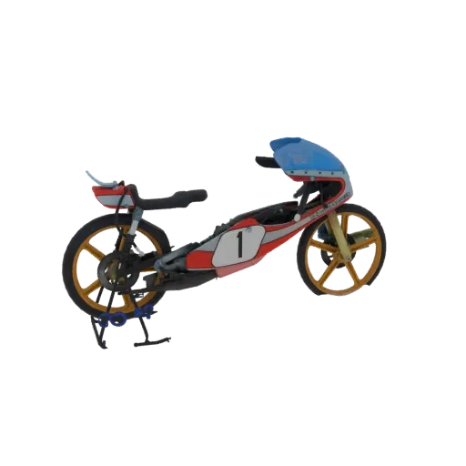 3D модель мотоцикла Bultaco TSS MK2 50cc GP 1976 Чемпион Мира, вид сбоку в красно-бело-синей гоночной раскраске.