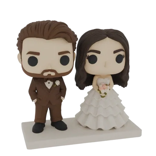 3D модель свадебной пары в стиле Funko Pop, жених в коричневом костюме, невеста в белом платье, с цветами, на белом основании