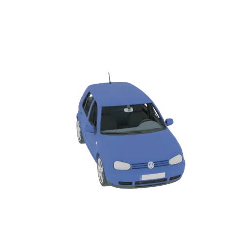 3D рендер синего Volkswagen Golf MK4 хэтчбек, вид с немного приподнятого передне-правого угла.
