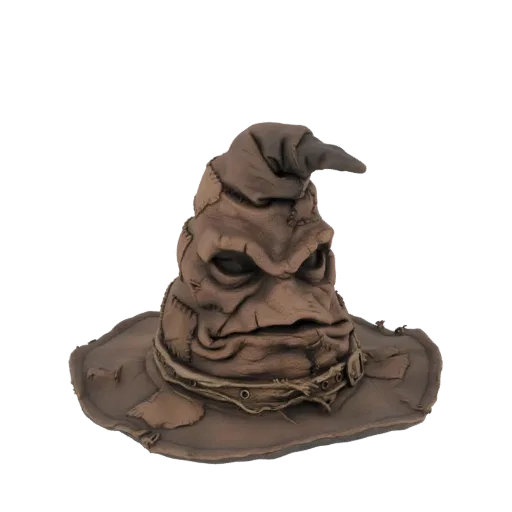 3D модель Ухмыляющейся Распределяющей Шляпы с состаренной, коричневой, похожей на ткань текстурой и отчетливым хмурым лицом с