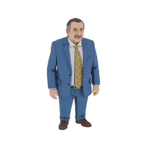 3D модель бизнесмена с усами, в синем костюме, белой рубашке и узорчатом галстуке, на белом фоне.