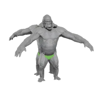 3D модель четырехрукого мускулистого гориллы в зеленых плавках, с вытянутыми руками.
