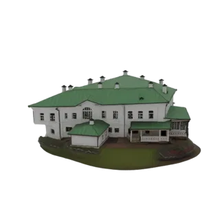 3D модель классического белого особняка с зеленой крышей, представленная на детализированном основании.