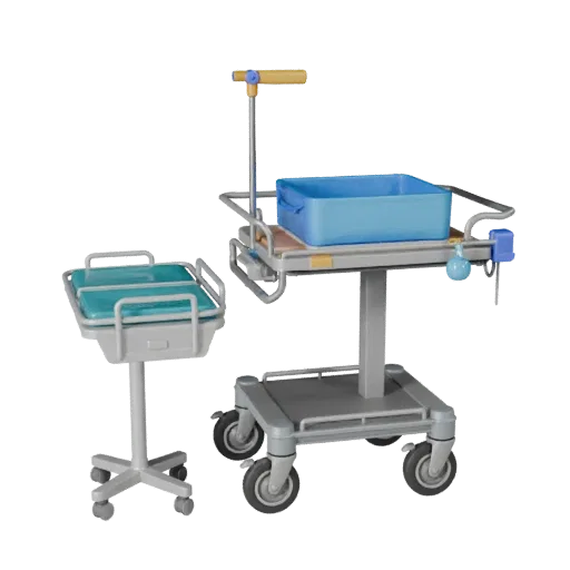 Стилизованная 3D модель медицинской тележки, стилизованный изометрический рендер, показывающий окрашенный металл, клинический